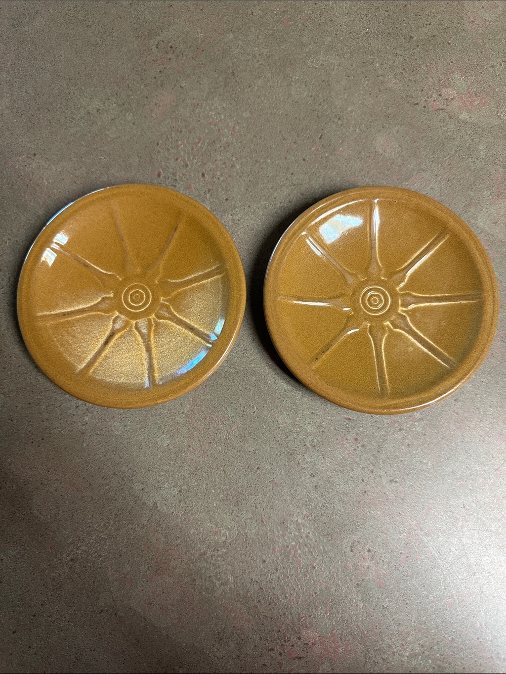 Vintage Frankoma Desert Gold Wagon Wheel 5” Saucers Set of 2